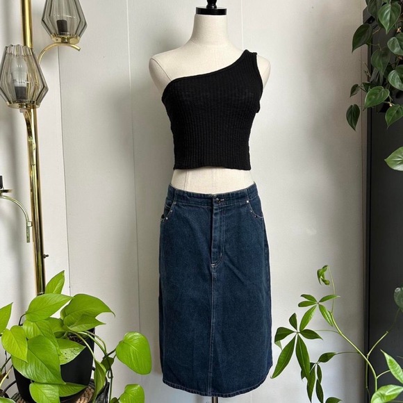 Faded Glory Dresses & Skirts - Vintage Faded Glory Denim Midi Skirt Dark Wash Rhinestone Studded Blue Womens 12